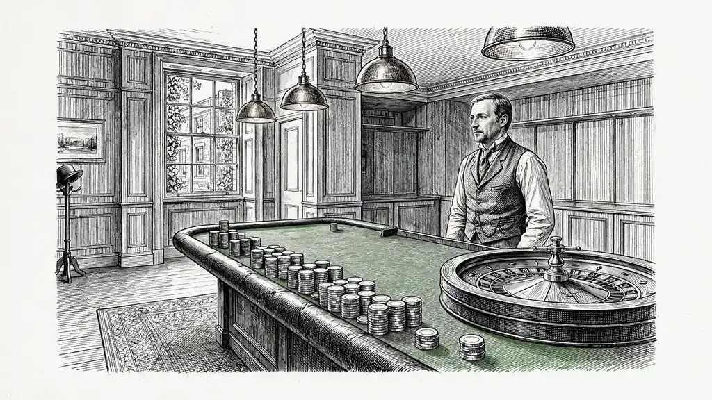 British casino floor with roulette wheel and chip stacks